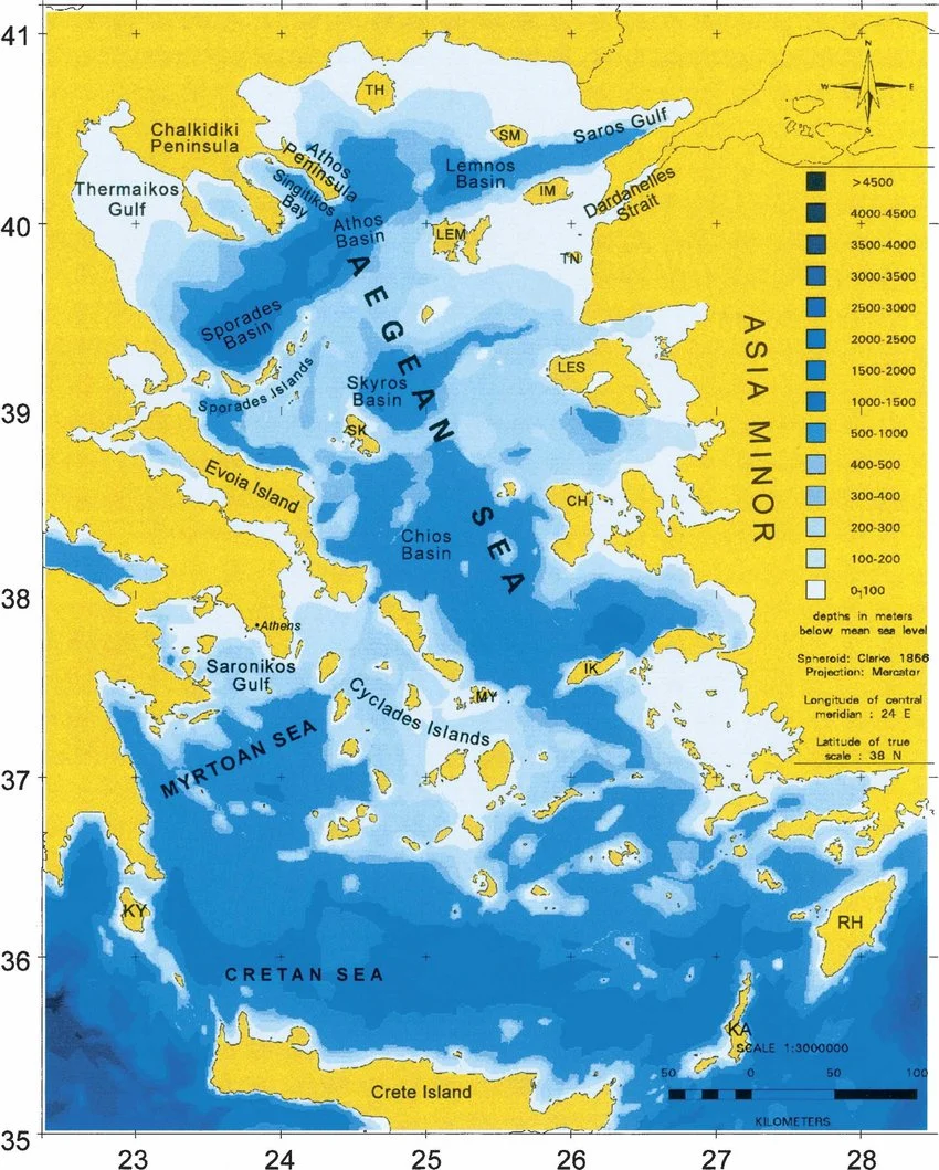Bathymetric map of the Aegean Sea showing major basins