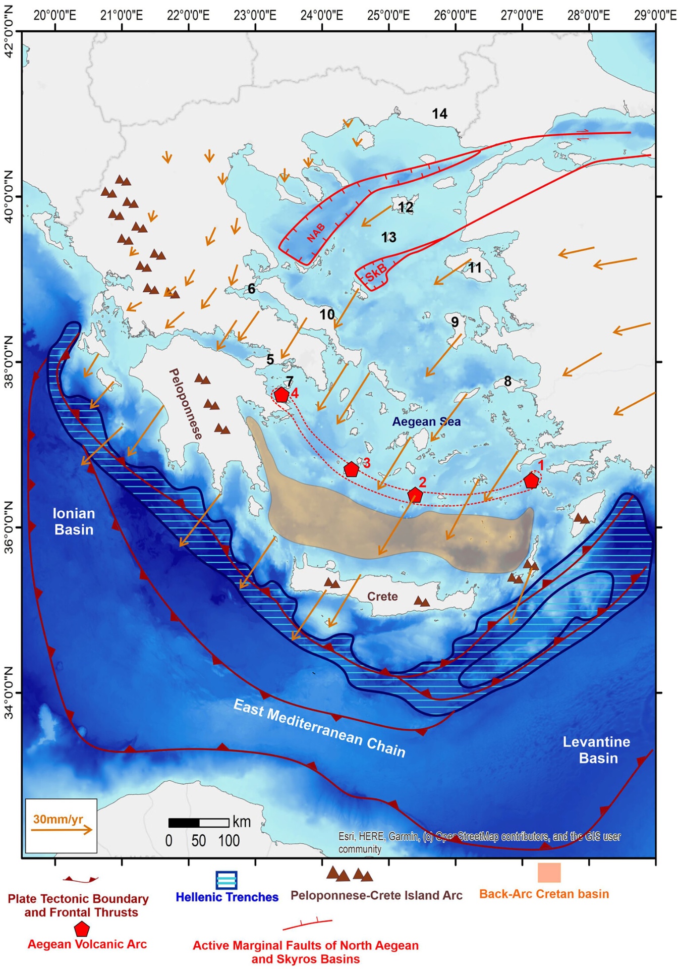 Map of tectonic graben and volcanism in the Aegean, Greece