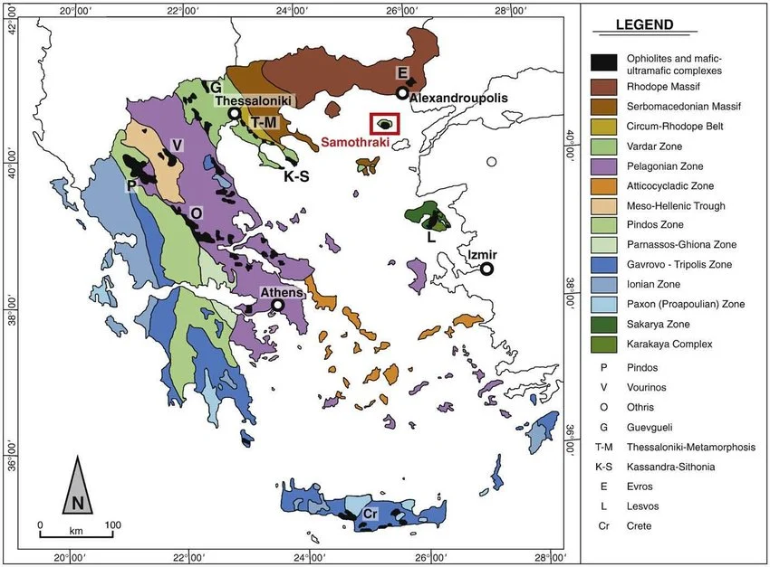 Simplified geological map of Greece (modified after IGME, 1983 and Zachariadis, 2007). Kassandra-Sithonia (K-S) marks the Halkidiki peninsulas.
