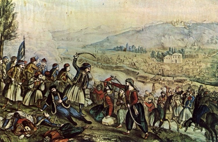 Hand-coloured lithograph depicting a battle scene from the Greek War of Independence, with Greek fighters in fustanella confronting Ottoman troops on a hillside.