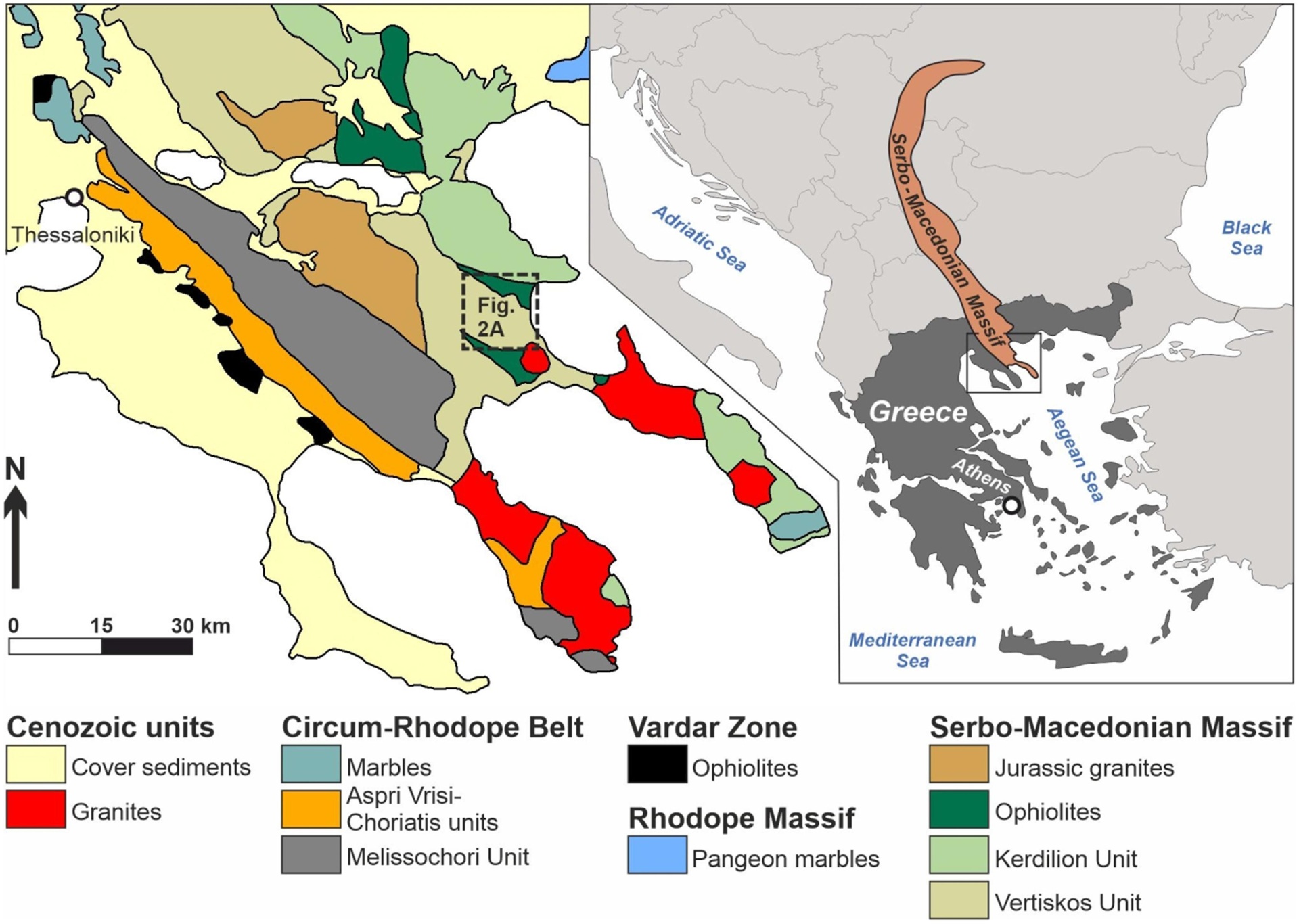 Geological map of the Halkidiki peninsula and the Serbo-Macedonian Massif (modified after Melfos & Voudouris, 2012; Schmid et al., 2008; van Hinsbergen & Schmid, 2012). Source: ScienceDirect, S0169136822000221.