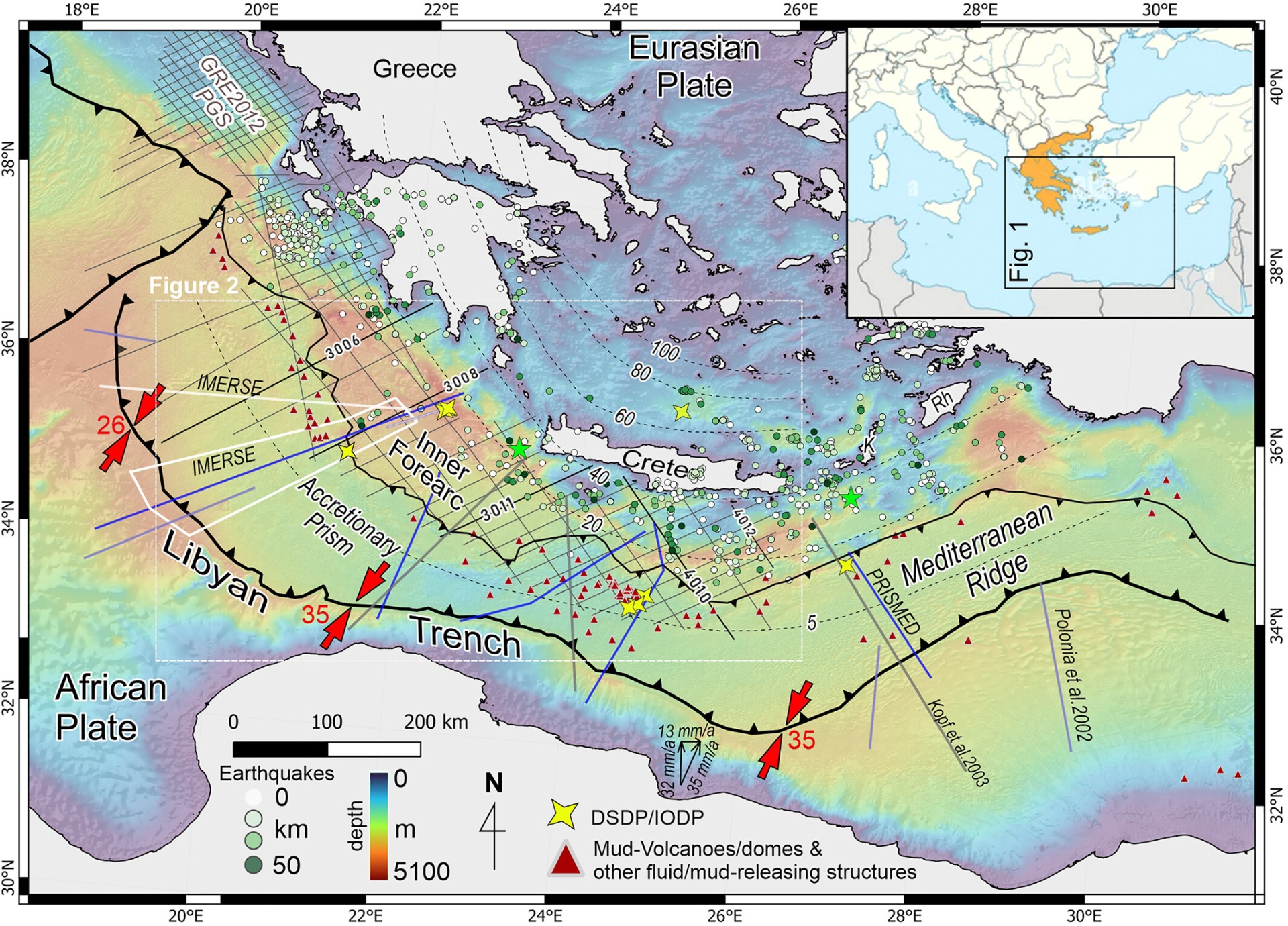 Map of the Hellenic Subduction System in the Eastern Mediterranean showing trenches, earthquakes and mud volcanoes