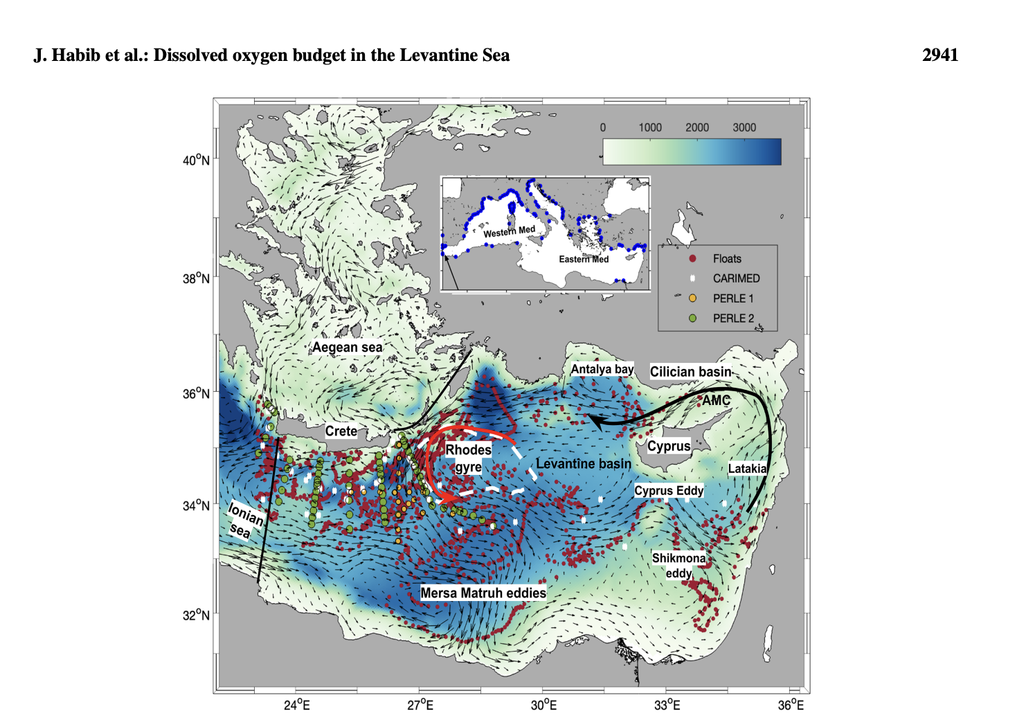 Map of dissolved oxygen and circulation in the Levantine Sea