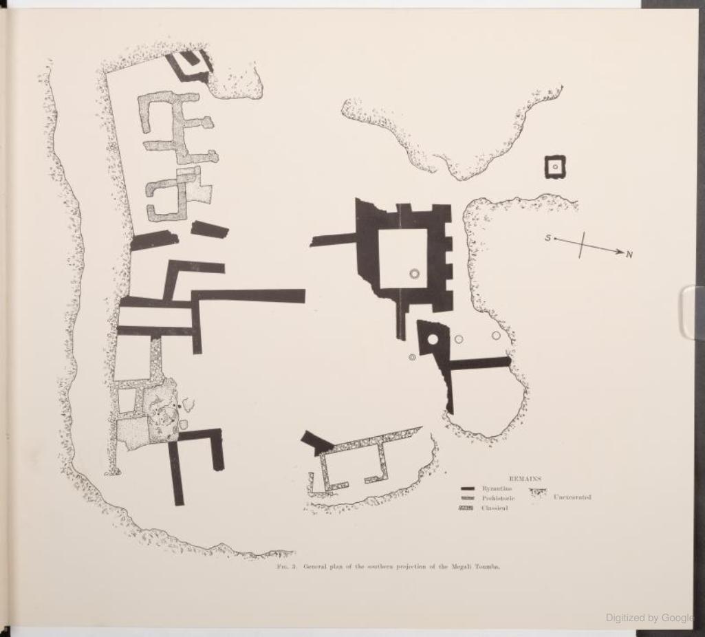 General plan of the southern projection of the Megali Toumba at Olynthus, showing Byzantine, Prehistoric, Classical, and unexcavated remains.