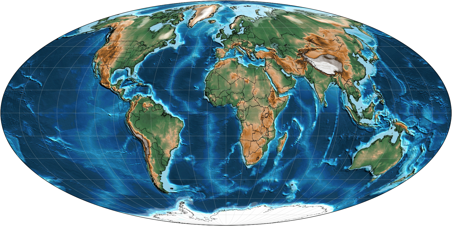 Pliocene world — continents in nearly modern positions; the Mediterranean settles into its present basin.